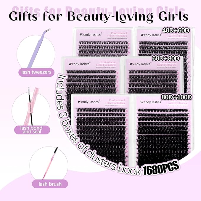 WENDY LASHES Clusters Kit 40D+60D+60D+80D+80D+100D 1680pcs Wispy Eyelash Clusters 10-18mm Natural DIY Lash Extension Kit D Curl for Beginners