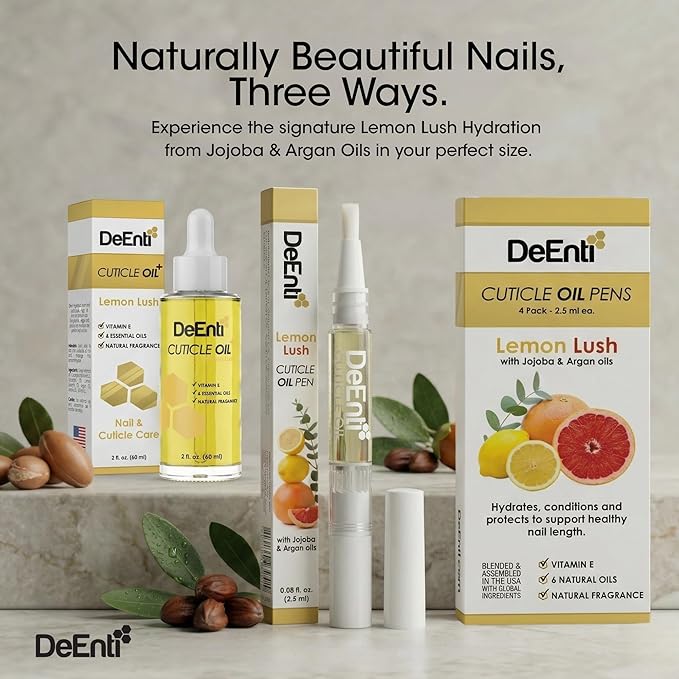 DeEnti Cuticle Oil 4 Pens, Jojoba Oil for Nails, Hydrating Cuticle Nail Oil, Lush Lemon Scented Cuticle Repair Oil, Vitamin E Nail Supplies, Professional Salon Quality Manicure Supplies