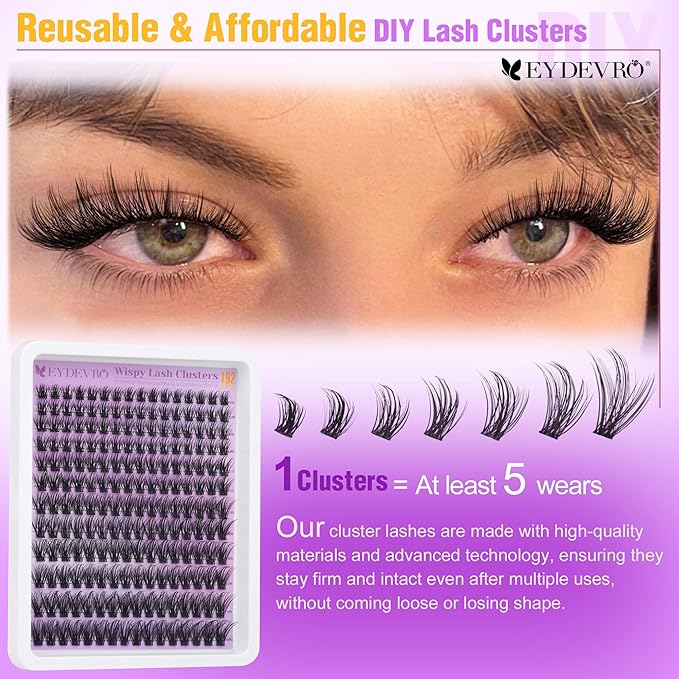 EYDEVRO Wispy Lash Clusters Kit Natura Eyelash Clusters Kit 9-18mm Cluster Eyelash Extensions CD Curvature 192 Pcs Manga Lash Extension Kit Individual Eyelash Extension Kit Lash Bond and Seal Tweezers