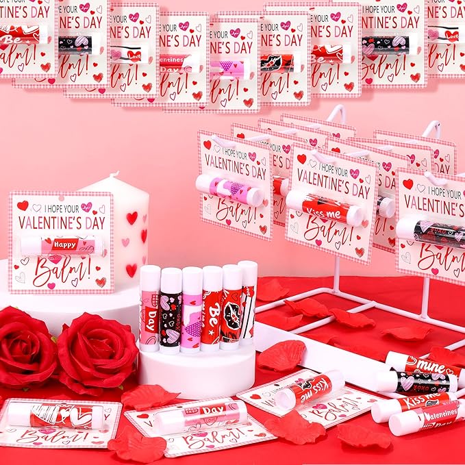 30 Pcs Valentine Lip Balms Bulk Valentine's Day Gifts for Women Galentines Chapstick Gloss 6 Assorted Flavors for Wedding Bridal Shower Birthday Party Favours