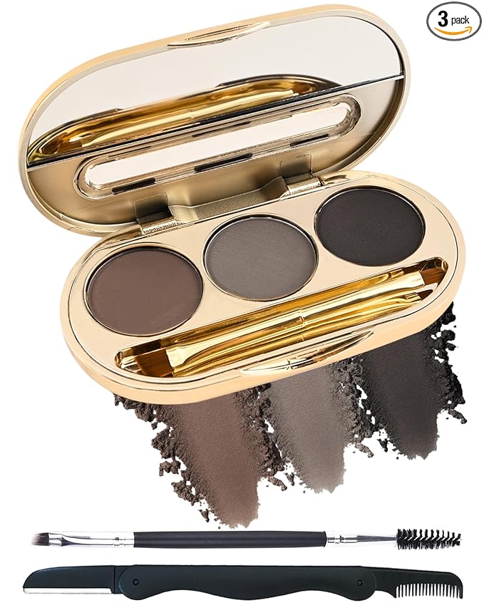 Eyebrow Powder Makeup Kit-3 Colors Eye Brow Tinting Powder Palette for Women Eyebrows Long-Lasting Waterproof, Dark Grey Black Brown Brow Filler, Enhance & Define Brows, With Mirror, Brow Tool -Set 02