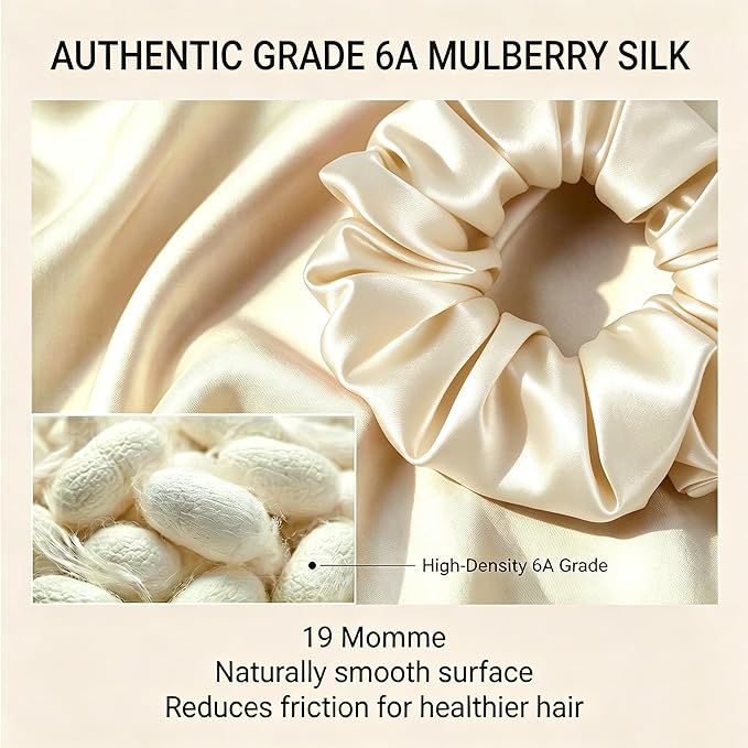 ZLYC 100% Mulberry Silk Scrunchie 19 Momme Gentle Creaseless Hair Tie for Women Dent-Free Ponytail Holder, 3.5cm Solid Cream White