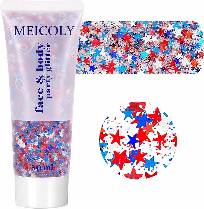 MEICOLY 50g Star Shaped Red White and Blue Body Glitter Face Glitter Gel, Patriotic Accessories Hair Glitter for 4th of July Outfits for Women, Fourth of July USA Accessories for Independence Day