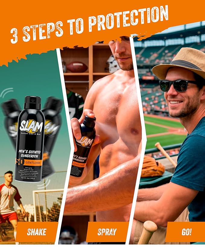 SLAM Men’s Sunscreen SPF 50 Spray - Broad Spectrum UVA/UVB Protection - Non-Greasy & No Harsh Chemicals - GentleMan Bergamot Cedar Patchouli Cologne Scented - 2 Pack