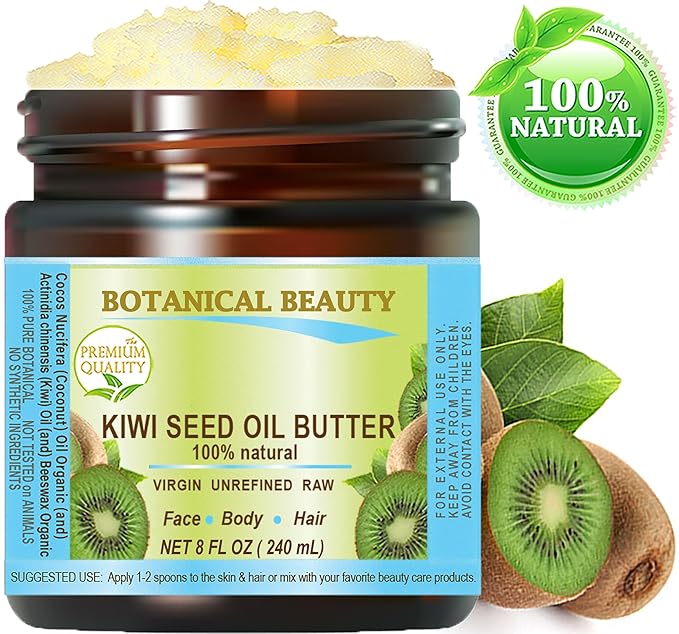 Botanical Beauty KIWI SEED OIL BUTTER RAW VIRGIN UNREFINED Cold Pressed for Face, Body, Hair, Nails, Skin, Hands, Rich in vitamin E, Vitamin C (8 Fl Oz)