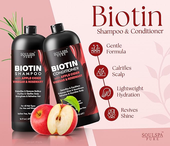 SOULSPA PURE Apple Cider Vinegar Biotin Shampoo and Conditioner Set - ACV Clarifying Scalp Care with Rosemary Oil & Keratin - Sulfate Free for Oily, Thinning Hair - Made in USA - 16 fl oz Each