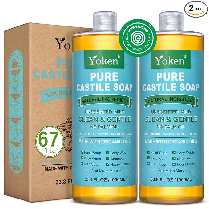 Yoken Pure Castile Soap Liquid Unscented 67 fl oz Castile Liquid Soap Made With Organic Oil, Clean & Gentle, No Palm Oil, Vegan, Natural Castille soaps for Face Body Hand Wash, Dishes Multi-purpose
