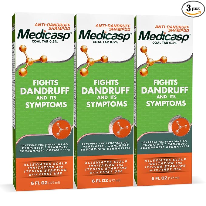 Medicasp Coal Tar Anti-Dandruff Shampoo, Alleviates Symptoms from 1st Wash, Treats Psoriasis, Seborrheic Dermatitis & Itchy Dry Scalp, Fights the Root Cause of Dandruff, Flakes Shampoo, 6 fl oz-3 Pack