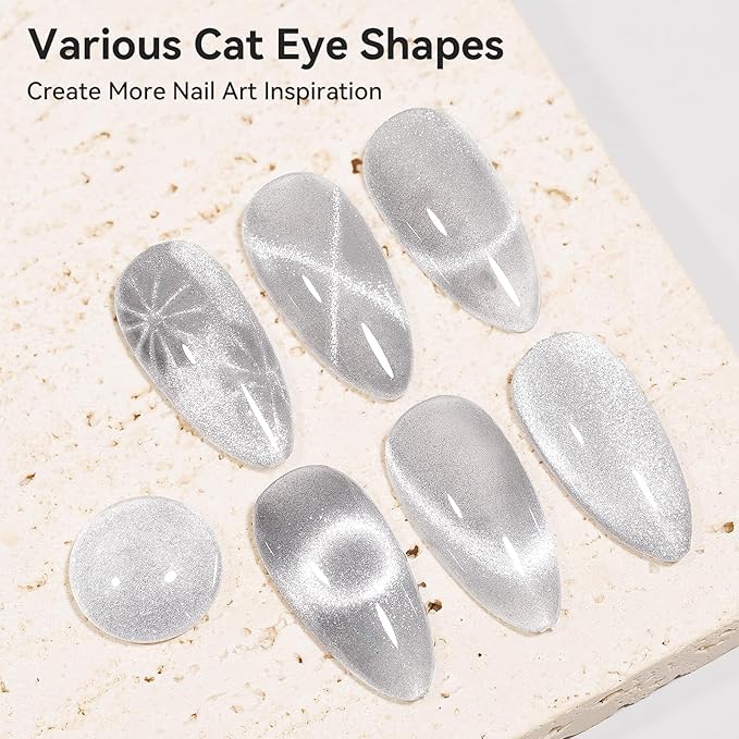 Cat Eye Gel Nail Polish, Silver Glitter Magnetic Nail Polish Smoothie with Magnet Stick, Holographic Shimmer Cateye Effect, UV Velvet Nail Art Manicure Salon DIY Home, 12ML
