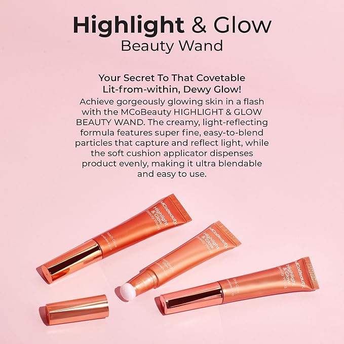 MCoBeauty - Highlight and Glow Beauty Wand - Buildable Liquid Highlighter - Blush Glow Shade - Liquid Cream with Cushion Applicator for Soft, Radiant Finish - Highlighters Makeup