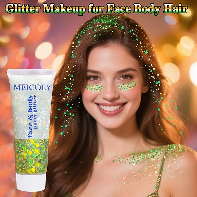 MEICOLY Gold and Green Face Glitter,St Patricks Day Accessories,Gold Hair Sparkle Self-Adhesive Halloween Body Glitter Makeup for Mardi Gras Carnival Irish Festival Party