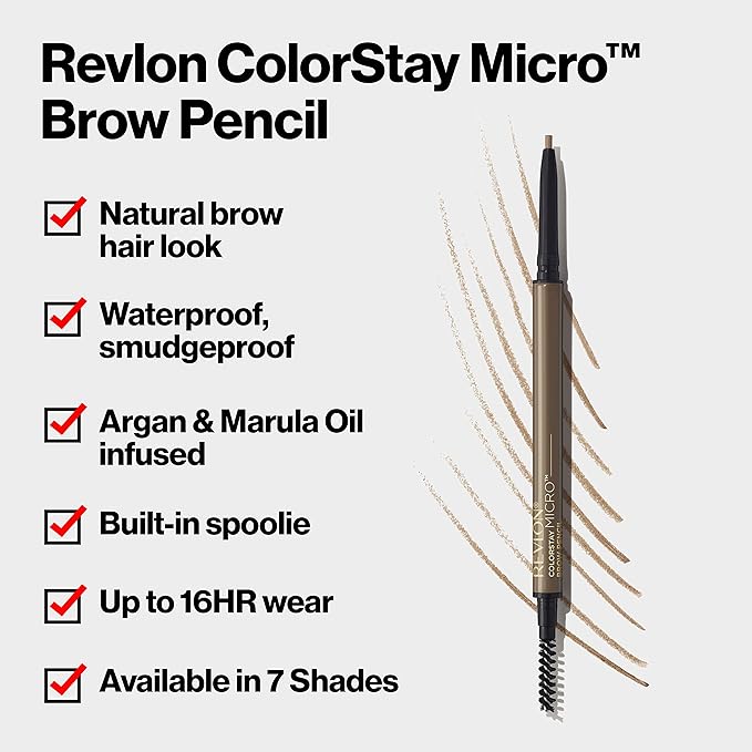 Revlon ColorStay Micro Eyebrow Pencil with Built In Spoolie Brush, Infused with Argan and Marula Oil, Waterproof, Smudgeproof, 456 Dark Brown, 0.003 oz