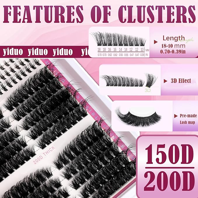 YIDUO 3 style Lashes Clusters Kit with Bottom Lash Cat-Eye Wispy Individual Faux Mink Fake Eyelashes, Volume Studio Effect, 498Pcs DIY False Eyelash Extensions with Bond and Seal|Removers|Tweezers