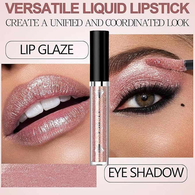 ADMD Diamond Lip Glaze 6-Piece Set Lip Gloss Glitter Sparkling Liquid Lipstick&Shimmer Eyeshadow Long-Lasting Waterproof Makeup