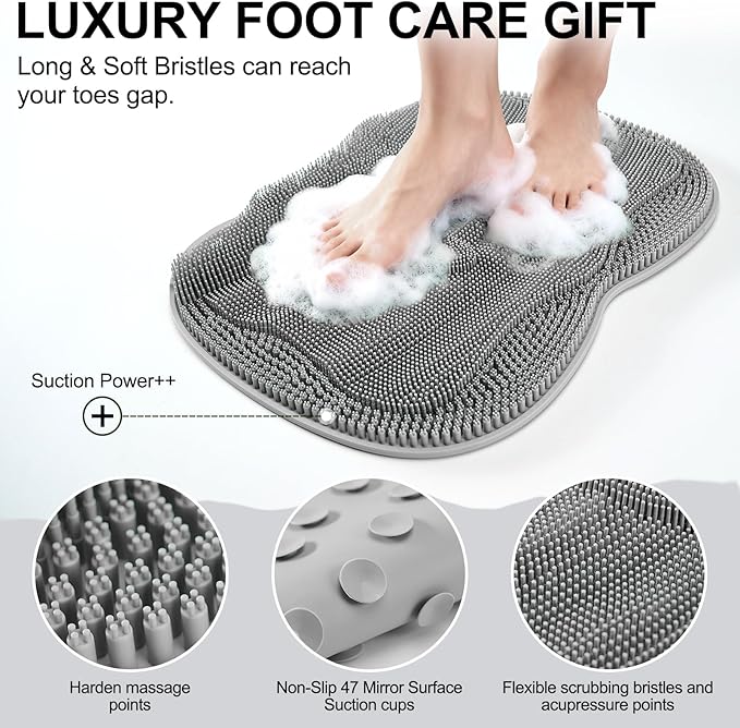 Bath Shower Foot Scrubber Mat - Silicone Shower Foot Scrubber Mat (XL) Cleaner Foot Toes Clean Pad Without Bending Non-Slip Suction Cups Bathroom mat 17.2 * 13 inch - Grey