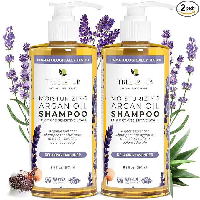 Tree To Tub Lavender Dry Hair Shampoo for Sensitive Scalp - Gentle Hydrating Dry Scalp Shampoo for Women & Men, Moisturizing Sulfate Free Shampoo w/Organic Argan Oil, Chamomile, All Natural Aloe Vera