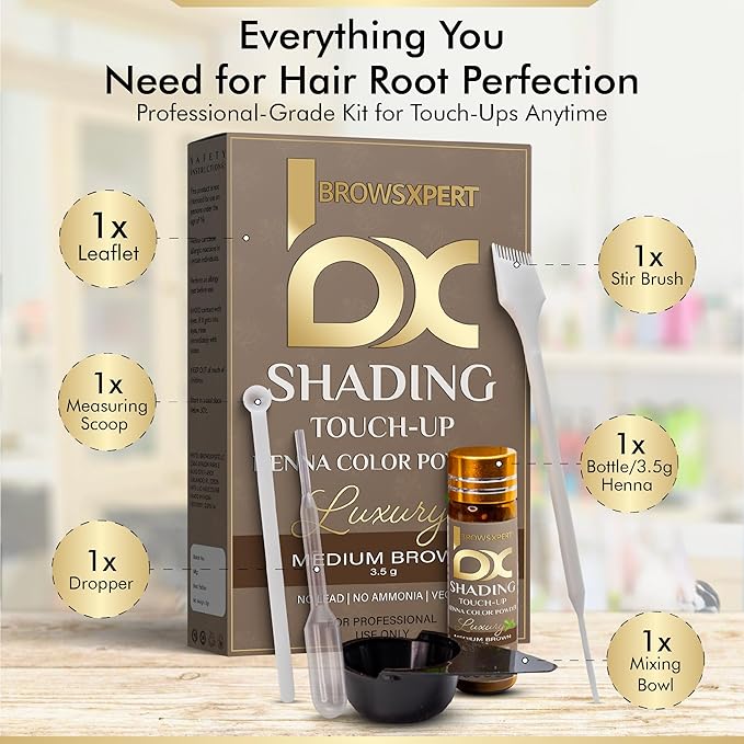 BROWSXPERT Professional Shading Touch-Up Kit — Herbal Henna Color Powder with Mixing Dish, Stir & Brush + Follow Instructions | 3.5g | Medium Natural Brown