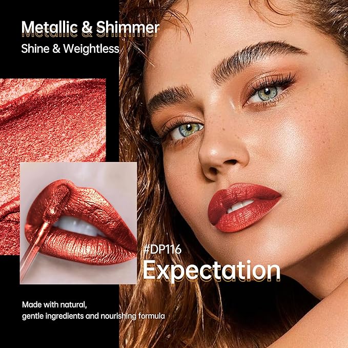 Depuplum Red Lipsticks for Women Metallic Lipstick Long Lasting Shimmer Lip Gloss Metal Shine Glitter Waterproof Lipsticks Full Coverage Lip Color for Mother's Day,DP116 Expectation