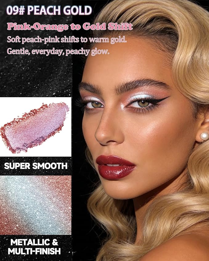 Chameleon Duochrome Glitter Eyeshadow Palette, Holographic Shimmer Single Eye Shadow Palettes, Color Shift Sparkle Iridescent, Multichrome Metallic Eye Brightener Highlighter Makeup-09 Peach Gold