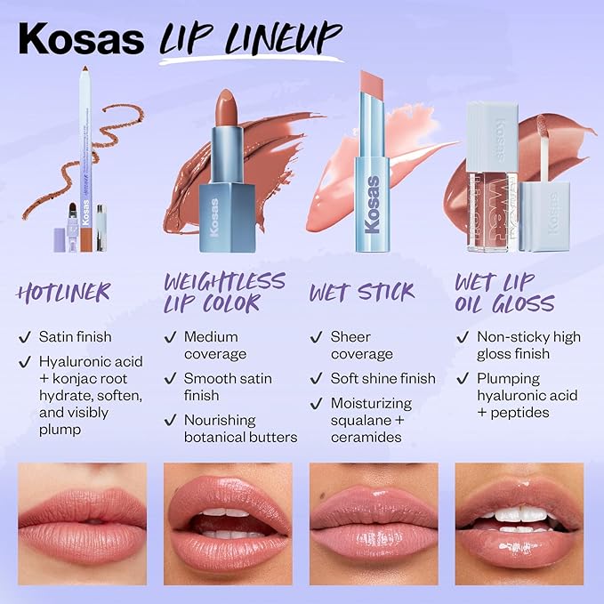 Kosas Wet Lip Oil Gloss - Hydrating Lip Plumping Treatment with Hyaluronic Acid & Peptides, Non-Sticky Finish (Unhooked)