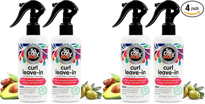SO COZY Leave In Conditioner Spray (8 Fl Oz) Detangler for Kids' Curly Hair,Tangle-Free Curls,Gentle & Nourishing with Keratin,Vitamin B5,Olive & Jojoba Oil,Paraben-Free,(Pack of 4)