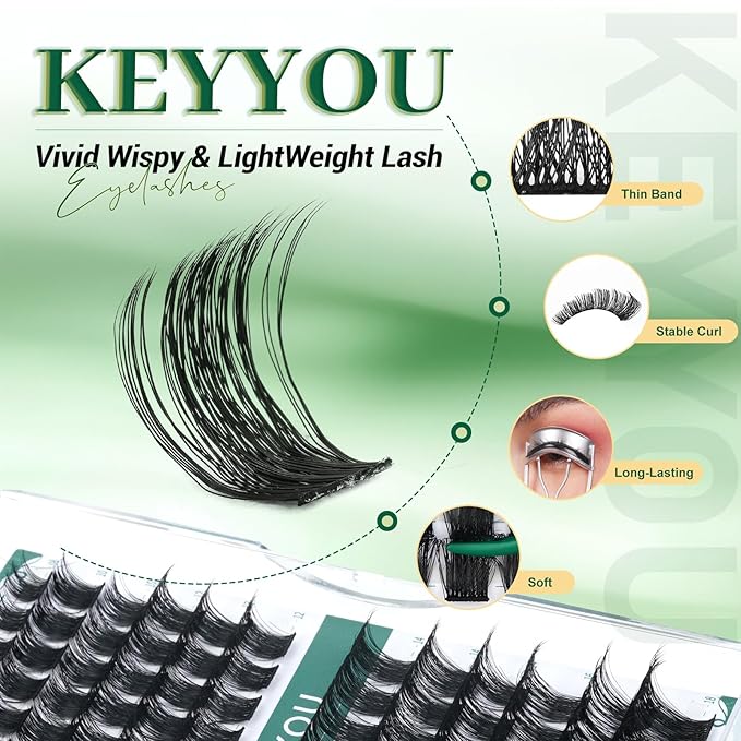 Lash Clusters 96pcs Cluster Lashes D Curl 8-18MIX DIY Lash Extensions Eyelash Clusters KEYYOU Volume Wispy Individual Lashes Soft&Comfortable Easy DIY at Home(Y04,D-8-18MIX)