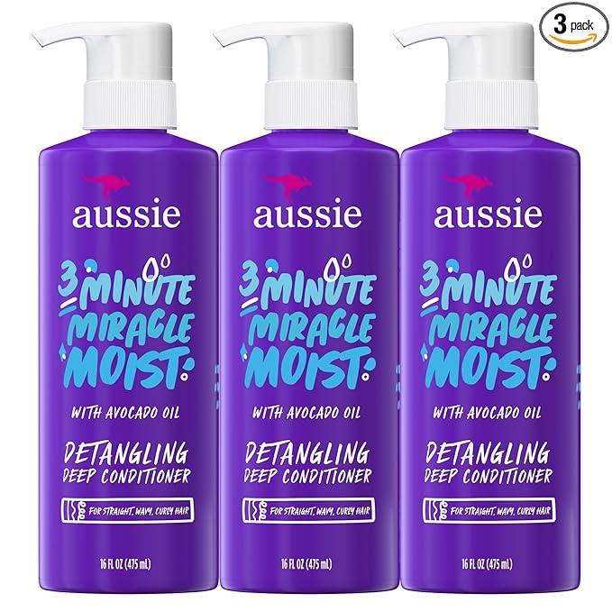 Aussie 3 Minute Miracle Moist Deep Conditioner for Dry Hair, Avocado & Jojoba Oil, Safe for Color Treated Hair, Nourishing Hydration, Silky Shine, Paraben-Free, 16 Fl Oz Each, Triple Pack