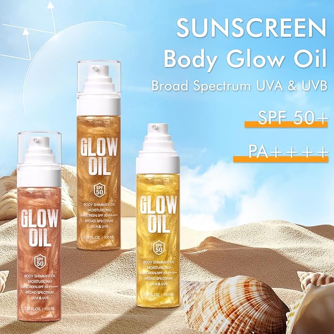 Sunscreen Body Glow Oil【SPF 50】【Lightweight】【Natural Ingredient】Broad Spectrum Shimmer Sunscreen For Face and Body, GOLD