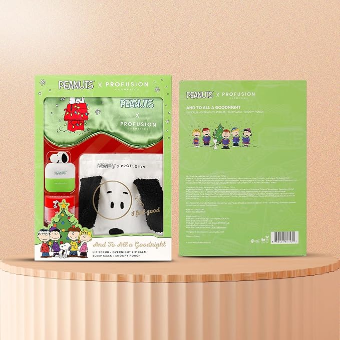 Profusion Cosmetics Peanuts Holiday Goodnight Set, Featuring A Lip Balm, Scrub, Snoopy Pouch and Eye Sleep Mask, Infused with Vitamin E