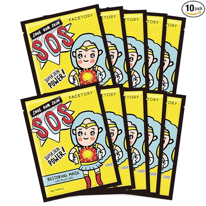 FACETORY K Beauty Face Mask Skin Care - SOS SAVE OUR SKIN RESTORING Sheet Mask with Royal Jelly & Aloe | De-Stress, Dewy Skin (10 Pack)