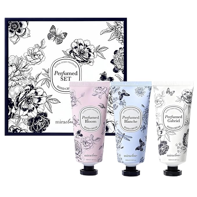 MIRACLAIR Perfumed Hand Cream Set – Long-Lasting Fragrance, Wrinkle Care & Moisturizing, with Shea Butter & Adenosine, Hypoallergenic, 3 Scents (White Floral, Pink Bloom, Musky Floral) – 100ml Each
