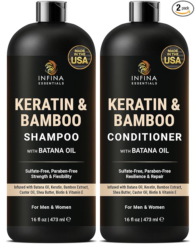 INFINA ESSENTIALS Keratin Shampoo and Conditioner Set | Frizz Control & Smoothing with Batana Oil & Bamboo Extract | Sulfate-Free | Men & Women | 16 fl oz Each