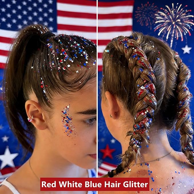 Go Ho Red White and Blue Body Glitter,4th of July Outfits for Women&Kids,Patriotic USA Flag Face Hair Glitter for Memorial Independence Day,Holographic Chunky Glitters Sequins,4th of July Accessories