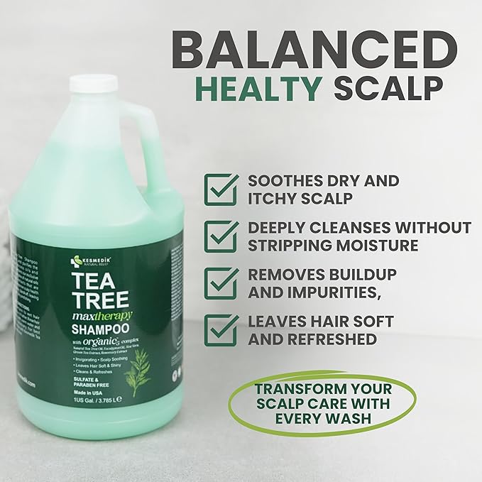 KESMEDIK Tea Tree Shampoo Refill, 128 fl oz (1 Gallon), Clarifying Deep Clean for Buildup, Dandruff & Flakes, Refreshes Scalp, Sulfate-Free, Professional Salon, Gym & Hotel Supplies
