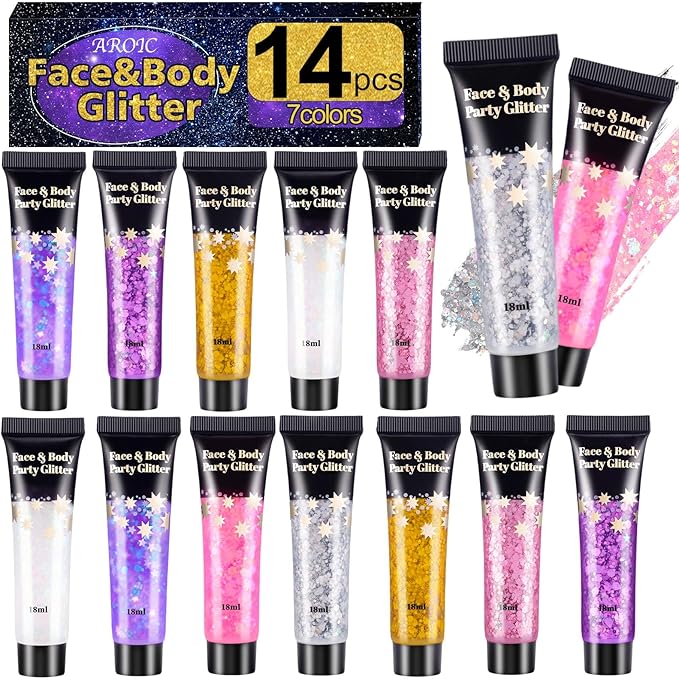 AROIC Kids Unicorn Hair Glitter，14Pcs Body &Face Shimmering Glitter Gel Set，Fairy Costume Sparkle Makeup for Girls，Holographic Sparkle Face Paint for Festivals Princess Birthday Party Gifts (7 Colors)