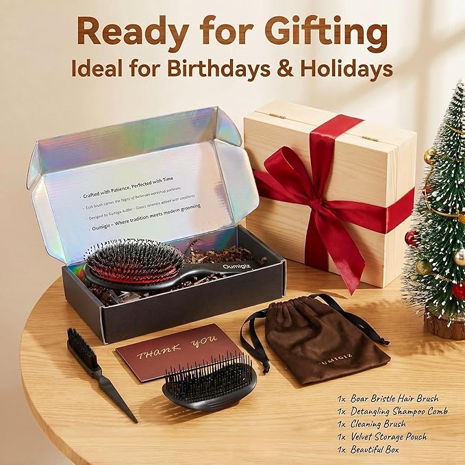 Boar Bristle Hair Brush Since 1965 British Craftsmanship, Handmade Natural Wood Slick Back Hairbrush, Gentle Detangling Smoothing Women Men Kids Curly Thick, Fine Hair