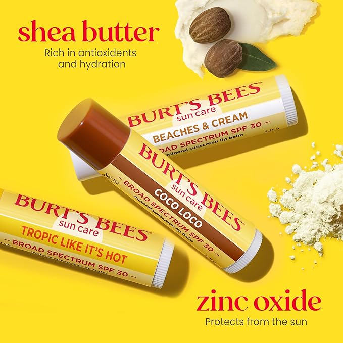 Burt’s Bees SPF 30 Lip Balm, Island Getaway - Coco Loco, Beaches & Cream, Tropic Like It's Hot, Water-Resistant Sun Care, Natural Origin Lip Treatment, 3 Tubes, 0.15 oz (Pack of 12)