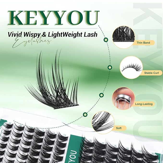 Lash Clusters 96pcs Individual Lashes Y22 D Curl 12mm Eyelash Clusters KEYYOU Volume Wispy Lash Extension Soft&Comfortable Easy DIY at Home(Y22,D-12mm)