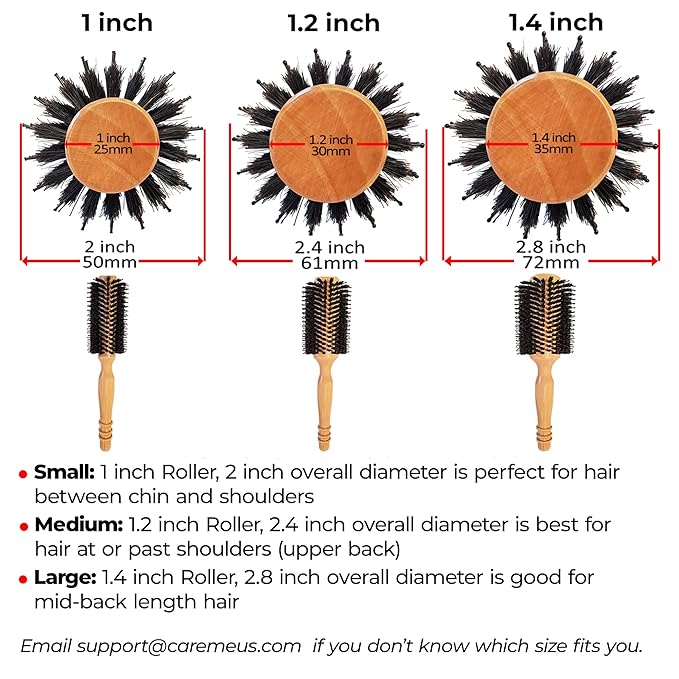 High-Density Boar Bristles Wood Round Brush for Blow-Drying, Straightening & Styling Medium to Long Fine or Normal Hair (Shoulder to Back-Length) for Shine & Volume, 1.2" Roller, 2.4" with Bristles