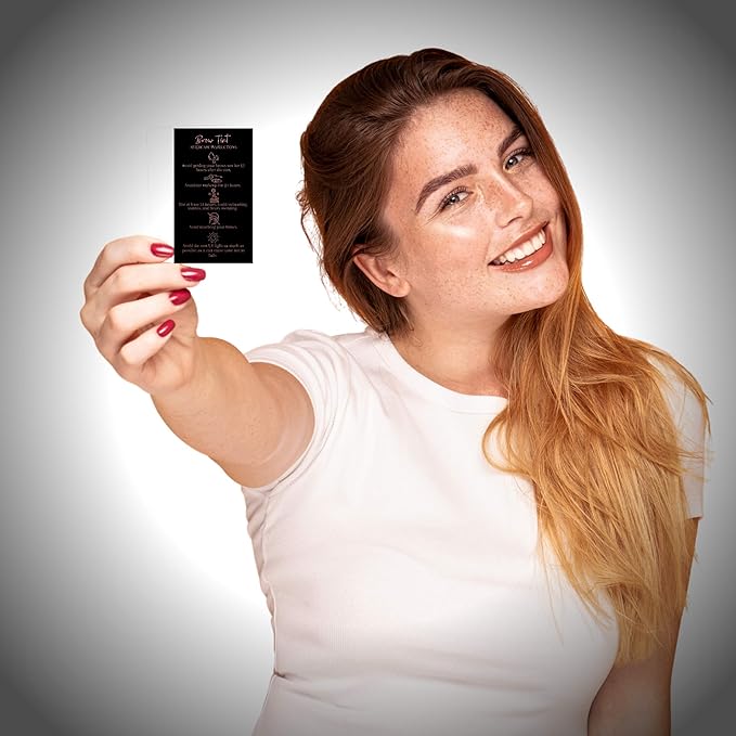 Brow Tint Aftercare Instruction Cards | 50 Pack | 2 x 3.5” inches Business Card Size | Starter Lift Kit with Tint at home diy aftercare supplies | Black with Rose Gold Design