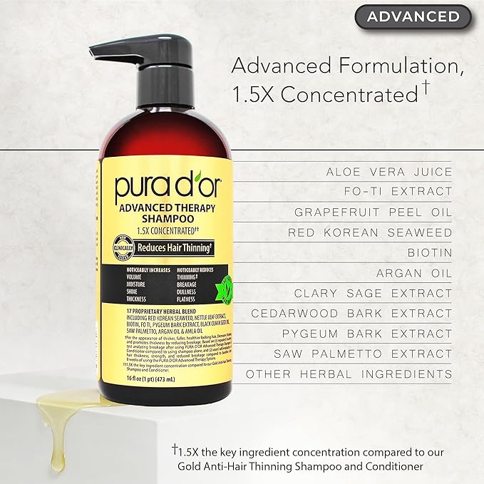 PURA D'OR Advanced Therapy Biotin Shampoo & Conditioner Hair Care Set For Hair Thinning, CLINICALLY TESTED Effective Results, Herbal Hair Thickening Products For Women & Men, 16oz x2