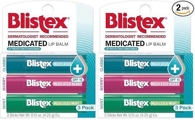Blistex Medicated Lip Balm 3 Count, 0.15 Oz Each, Classic, Mint and Berry Flavor, Soothes and Protects, Advanced Medicated Lip Care for Dry, Chapped Lips, SPF 15 Sun Protection, 2 Pack