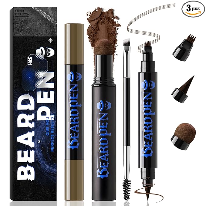 Noerrors Beard Filler Pencil Kit Dual End 4 Tips Beard Pen and Brush Set Hairline Moustache Eyebrows Filling Shaping Styling Makeup Tools Waterproof Longlasting For Men #Brown