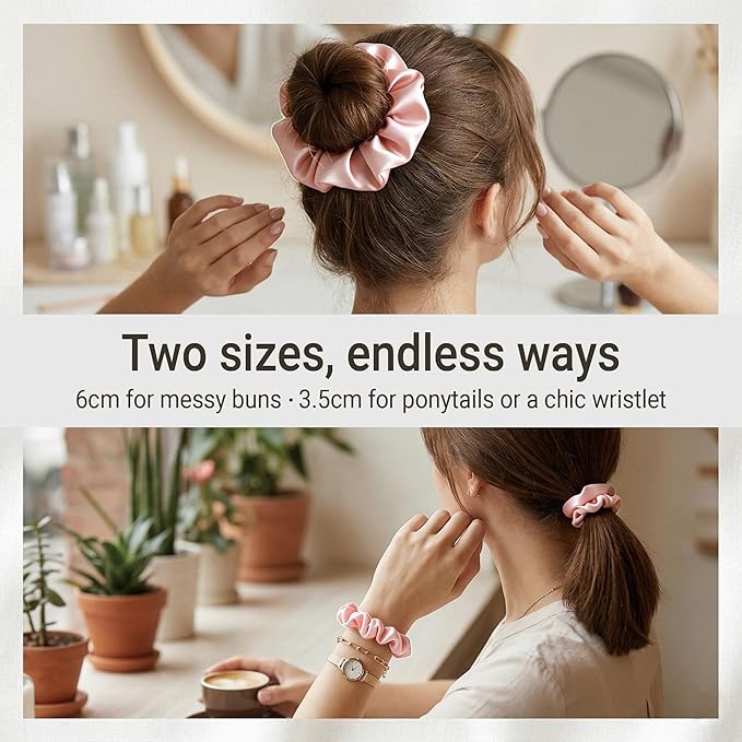 ZLYC 100% Mulberry Silk Scrunchie 19 Momme Gentle Creaseless Hair Tie for Women Dent-Free Ponytail Holder, 3.5cm Solid Pink