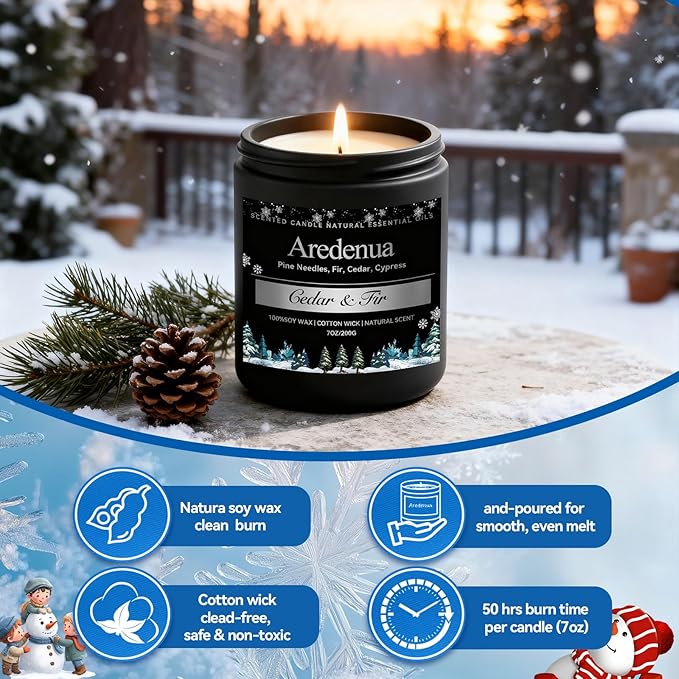 Cedar & Fir Candle – Winter Candles | Holiday Scented Candles, 7oz Jar Soy Candle for Home Scented - 50H Burn - Evergreen Forest & Fresh Pine Scent, Candles Gifts for Women & Men