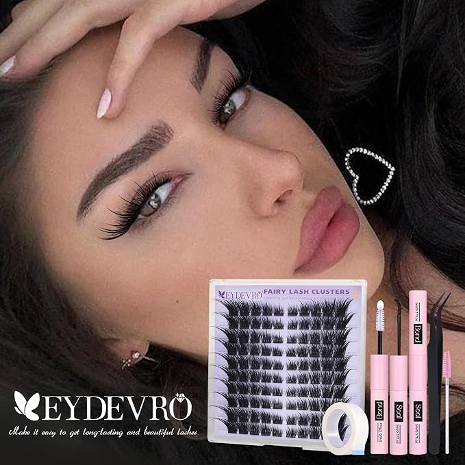 EYDEVRO Fairy Lash Clusters Kit Wispy Eyelash Clusters Kit Volume Lash Clusters with Spikes LC Curl Fox Cat Eye Lashes Manga Cluster Eyelash Extensions Lash Bond and Seal Tools for DIY Lash Extensions