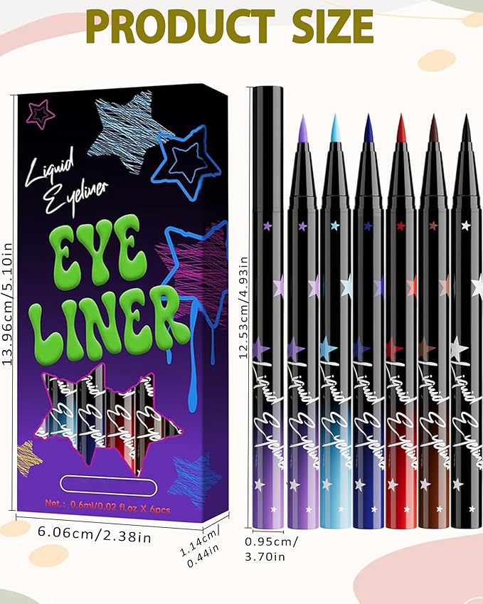 6Pcs Colored Liquid Eyeliner Pen Set Pack, Waterproof Waterline Matte Eye Liner Pencil, Purple Sky Navy Blue Red Brown Black, High Pigmented Longwear Quick Drying Colorful Eyeliner Pen for Women-Set B