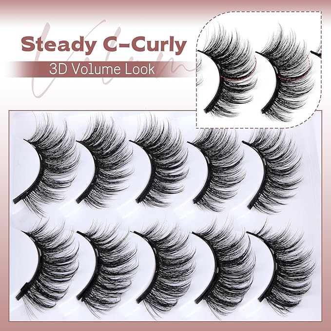 Newcally Magnetic Eyelashes with Eyeliner Kit Reusable Wispy Lashes Natural Look Magnetic Lashes Kit C-curly No Glue Needed 5 Pairs False Lashes with Magnetic Eyeliner & Tweezers