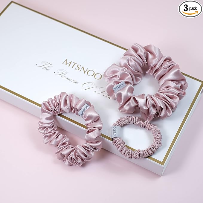 MTSNOO Mulberry Silk Scrunchies for Curly Hair - 100% Pure 22 Momme Silk, Elastic Band, 3 Pack Hair Ties Ropes for Women and Girls