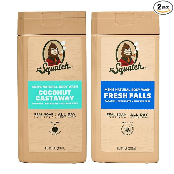Dr. Squatch Natural Men's Body Wash Shower Gel - Cleansing, Nourishing, Long Lasting Scent, Moisturizing Body Wash for Men - Fresh Falls + Coconut Castaway (14 oz, 2-Pack)